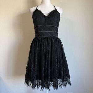 Hebeos Black Floral Eyelash Lace Strappy Back Mini Dress Prom Whimsy Goth Fairy